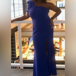 Royal Blue One-Shoulder Ruffle Evening Gown – Size 14